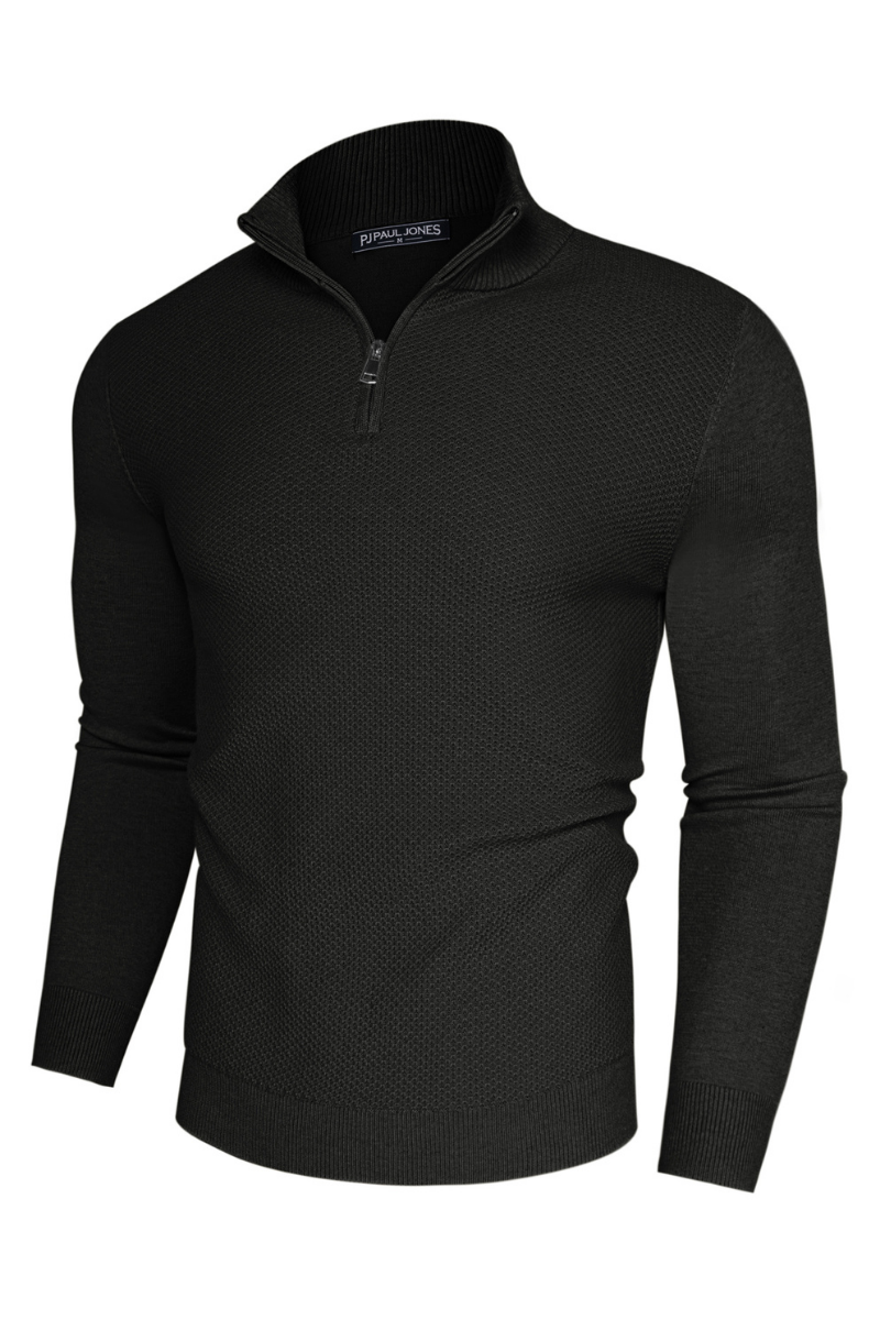 Men's Long Sleeve Knit Zip-Up Sweater with Stand Collar