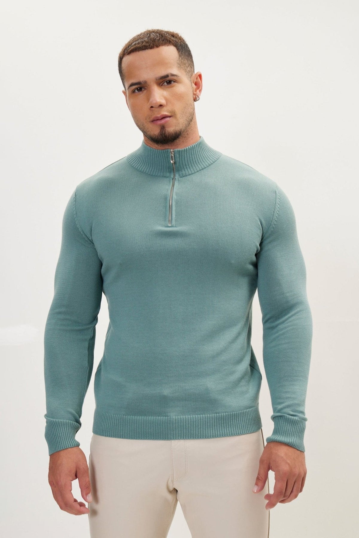 Men's Ribbed Cotton Blend Mock Neck Quarter-Zip Sweater