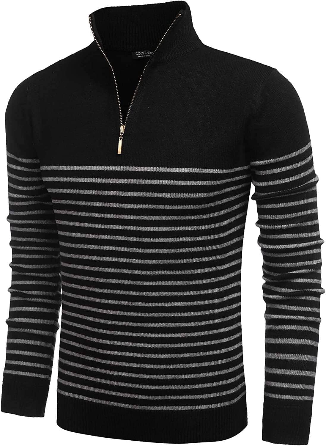 Men's Striped Mock Neck Zip-Up Sweater