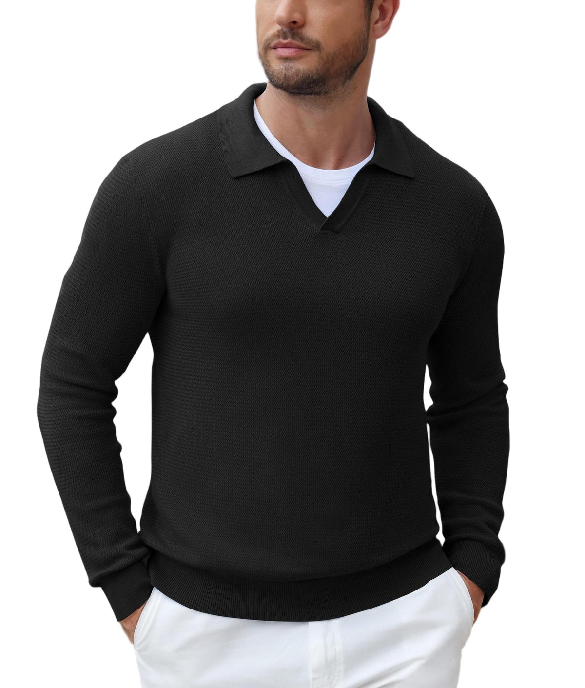 Men's Long Sleeve Cotton V-Neck Sweater – Textured