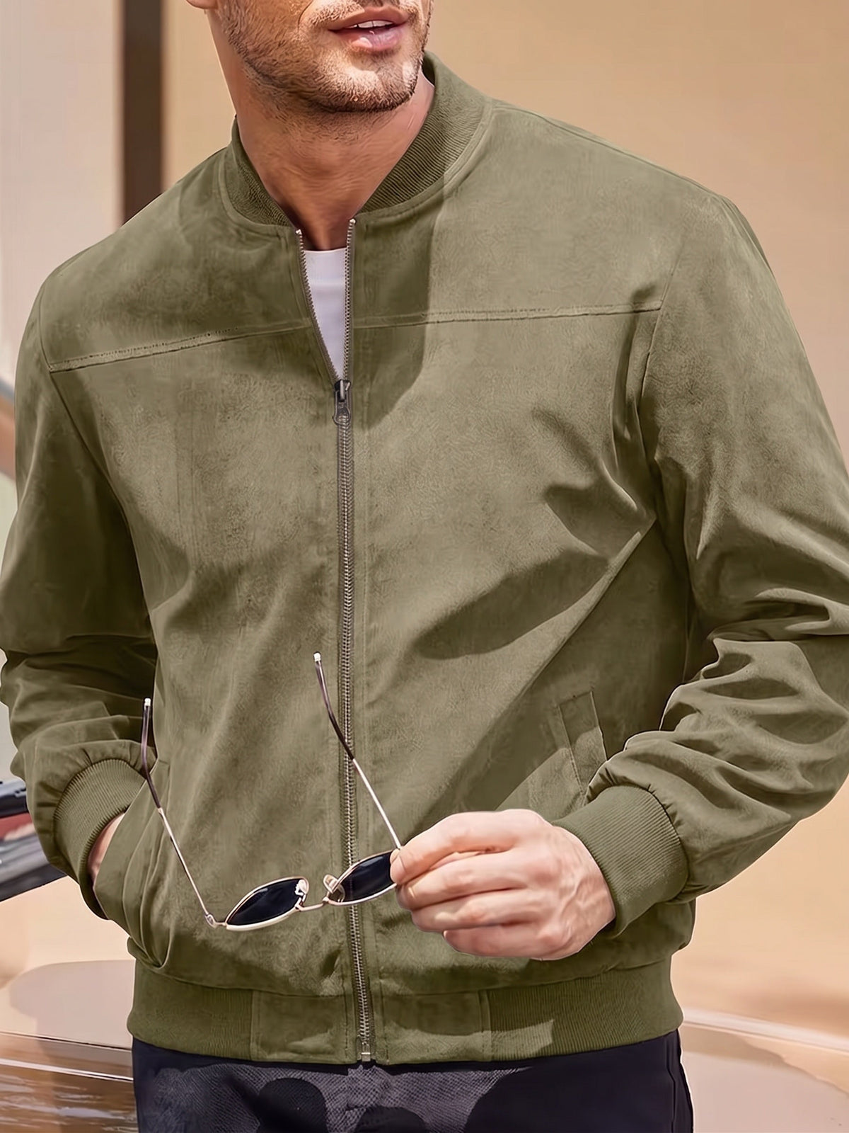Men's Casual Faux Suede Bomber Jacket