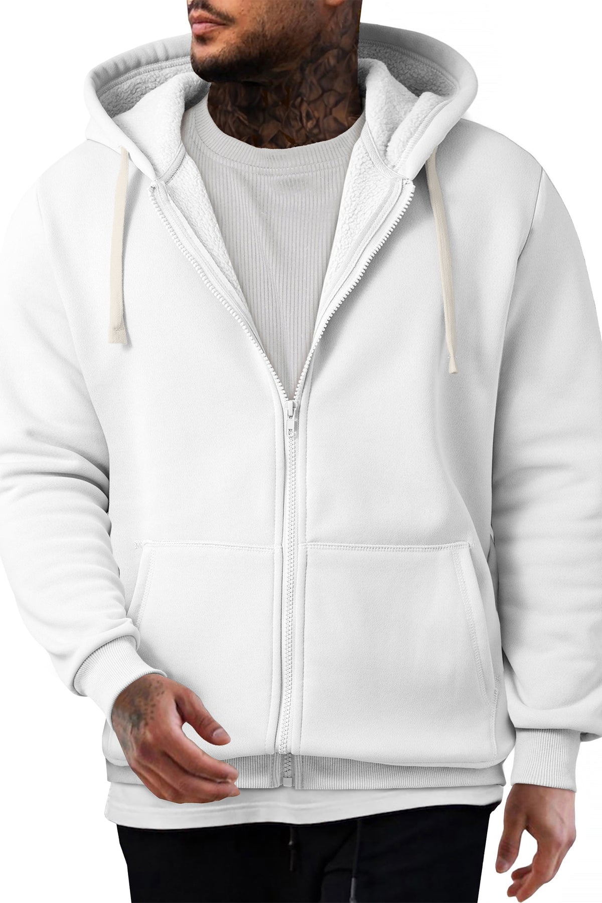 Men's Fleece Hooded Full-Zip Long Sleeve Hoodie – White