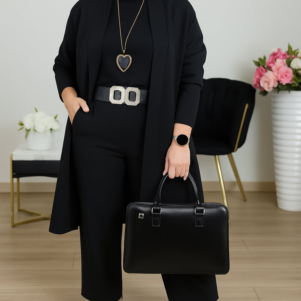 Women's Three-Piece Set | Longline Cardigan Straight Trousers