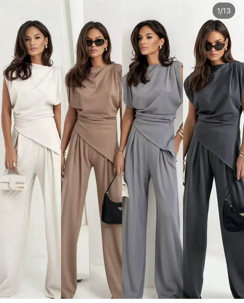 Women's Two-Piece Set | Draped Top and  Wide-leg Trousers