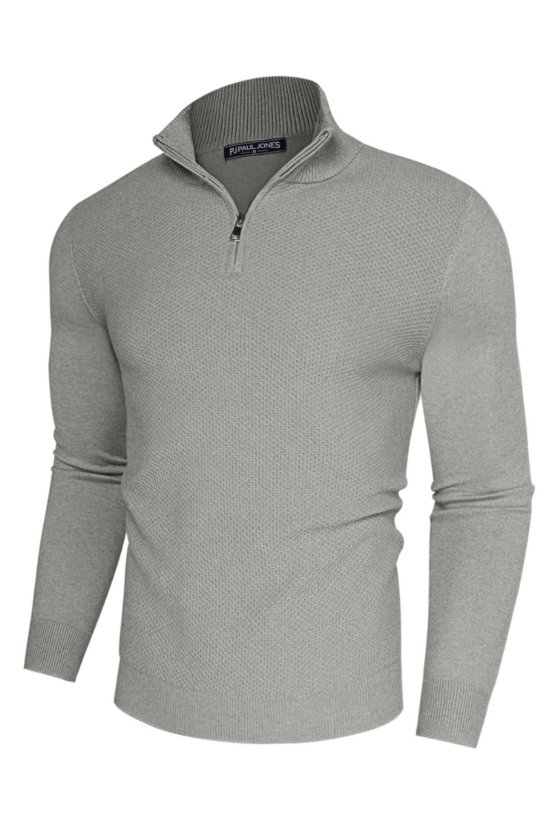 Men's Knit Zip-Up Stand Collar Textured Sweater – Light Gray