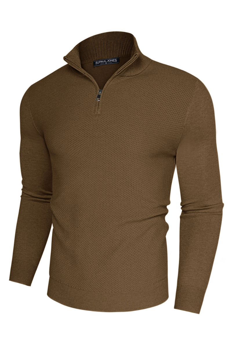Men's Knit Zip-Up Stand Collar Textured Sweater – Coffee