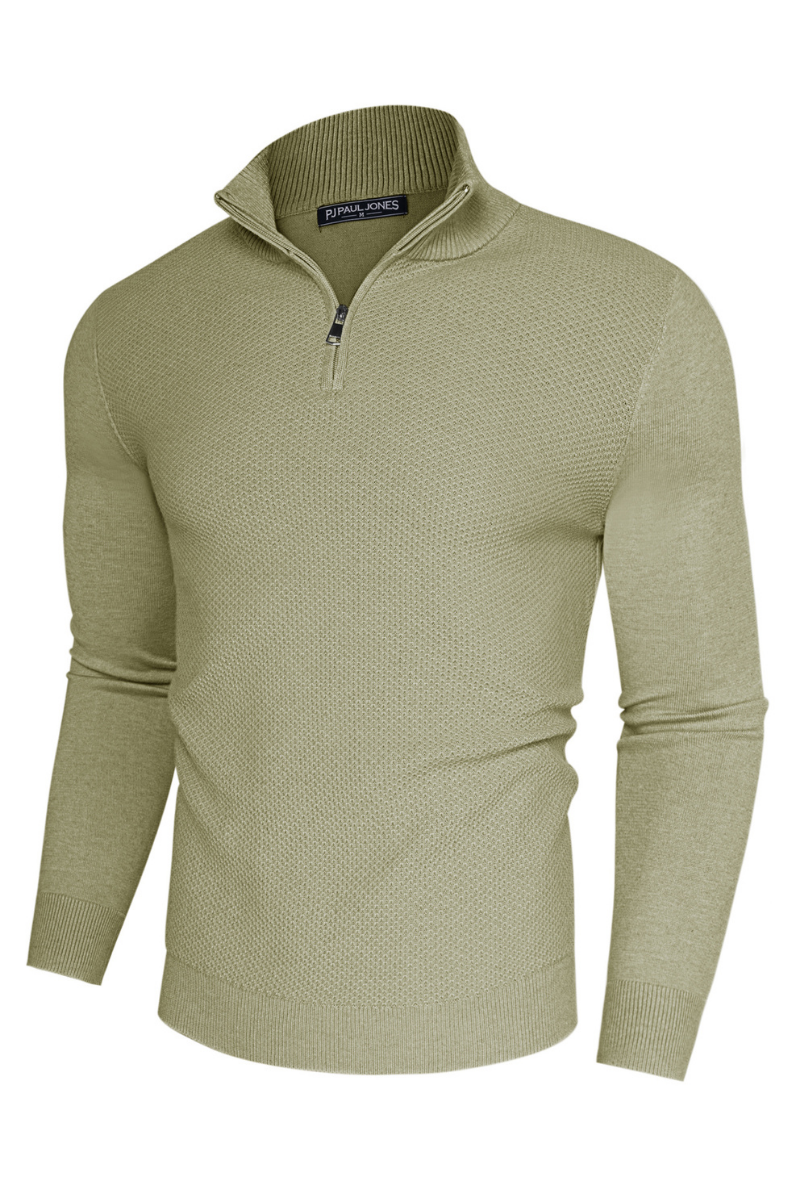 Men's Knit Zip-Up Stand Collar Textured Sweater – Light Green