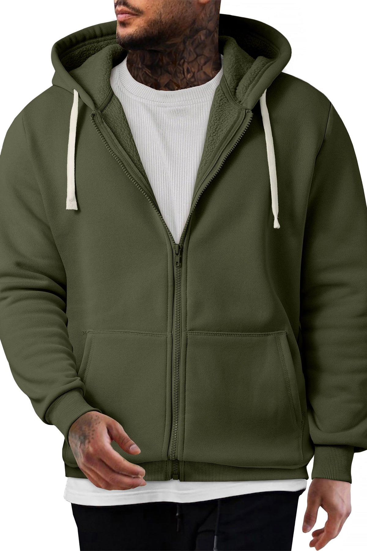 Men's Fleece Hooded Full-Zip Long Sleeve Hoodie – Moss Green