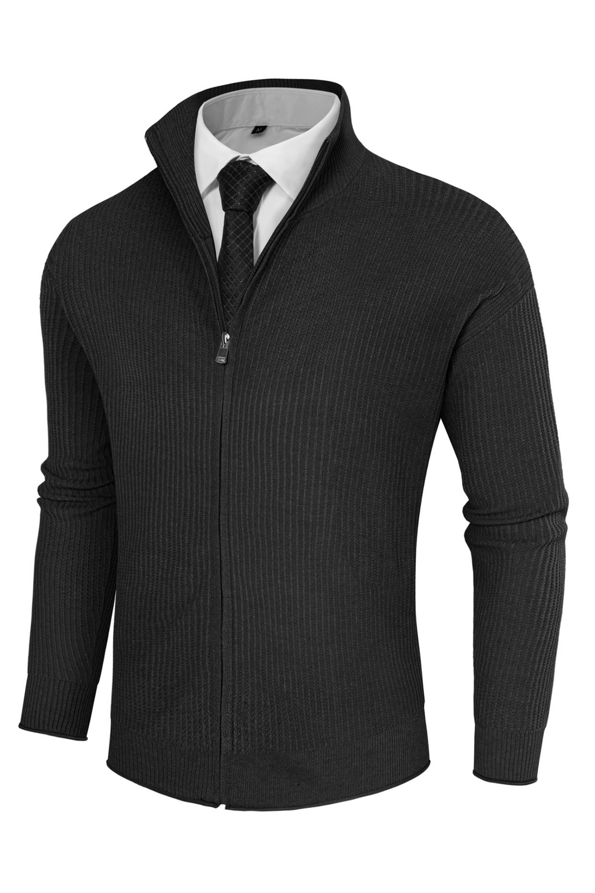 Men's Long Sleeve Knit Zip-Up Cardigan Sweater with Stand Collar