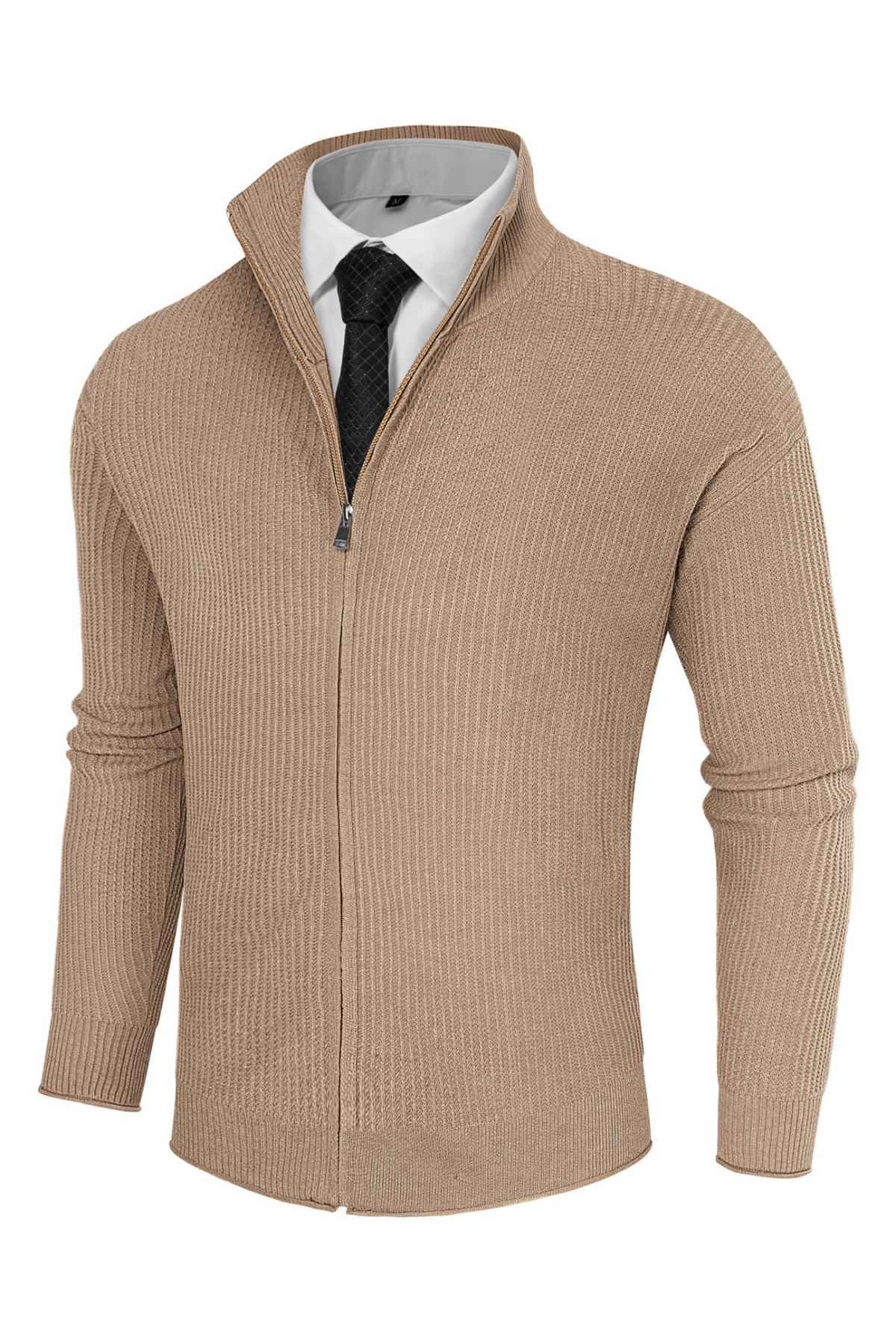 Men's Zip-Up Stand Collar Long Sleeve Cardigan – Khaki