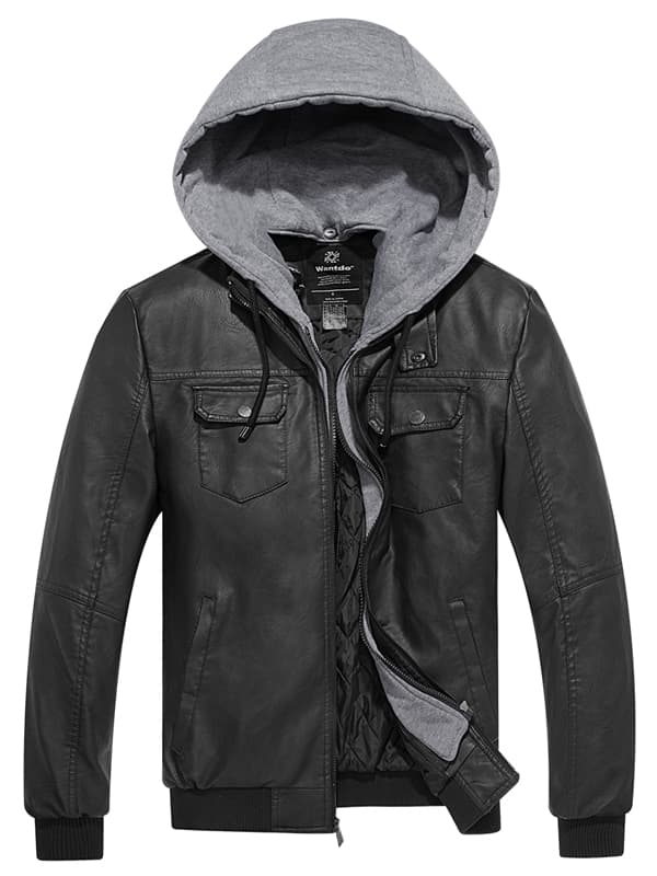 Men's Faux Leather Moto Jacket with Hood