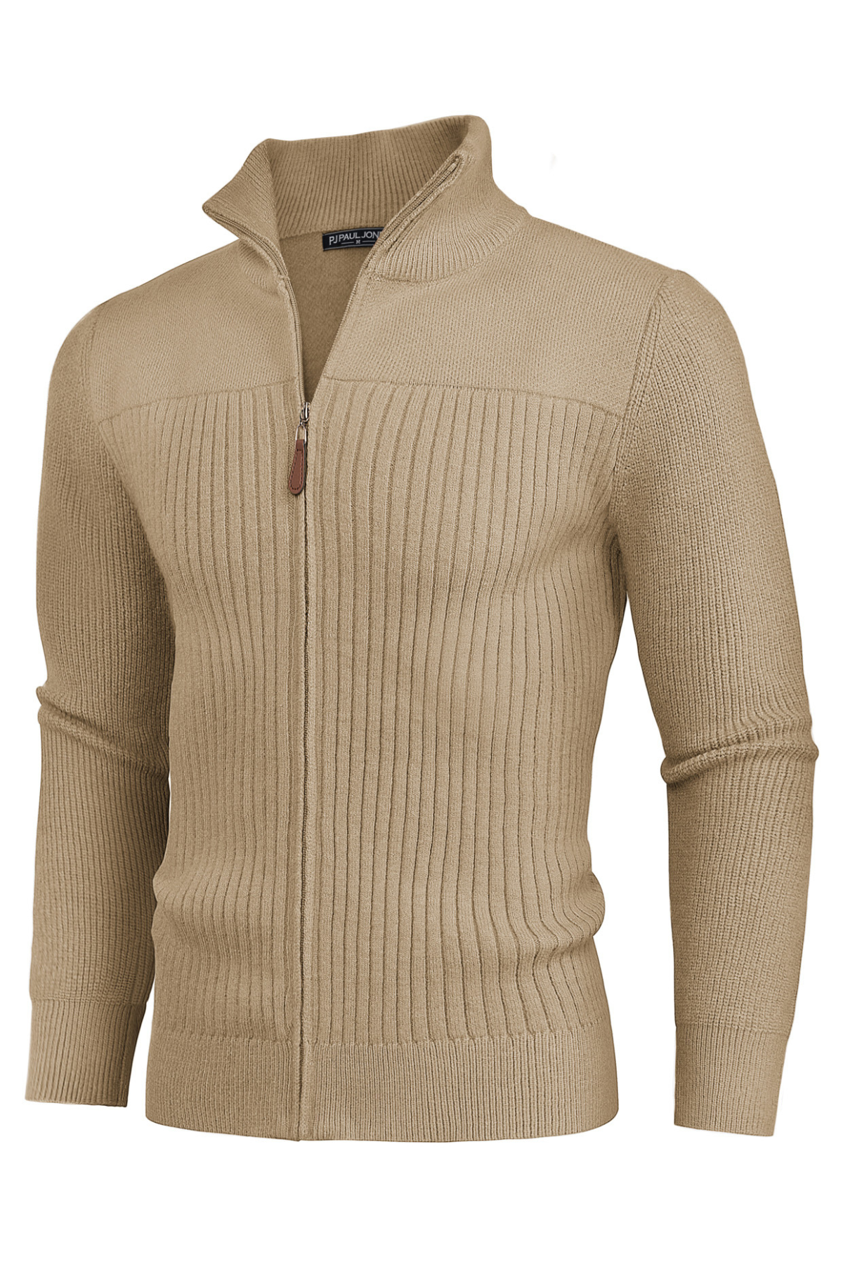 Men's Long Sleeve Knit Zip-Up Cardigan with Stand Collar
