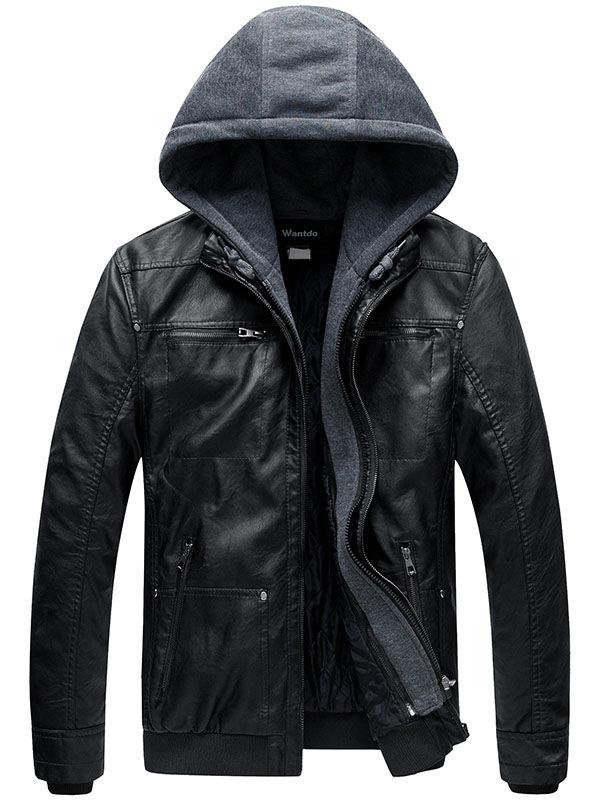 Men's Faux Leather Hooded Jacket – Black
