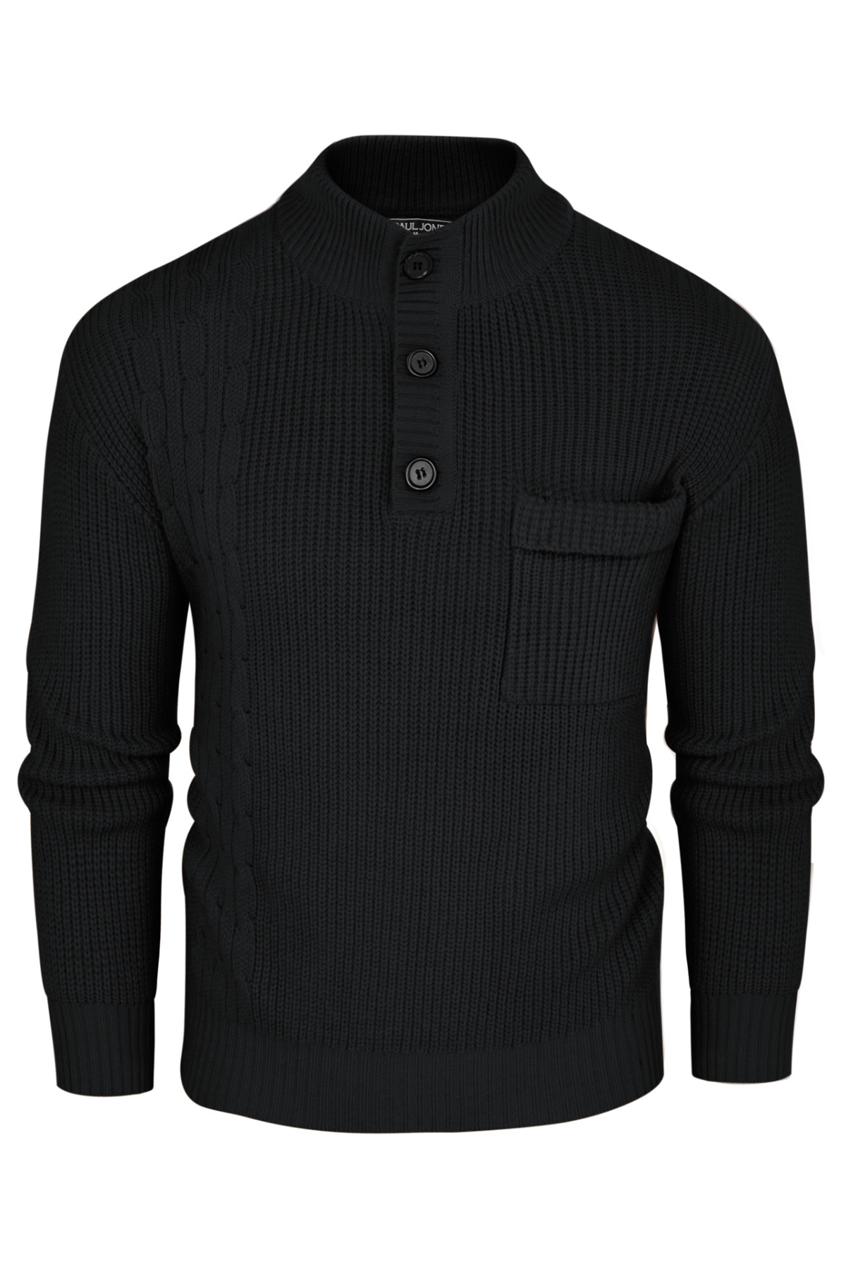 Men's Knit Stand Collar Pocketed Henley Sweater – Black