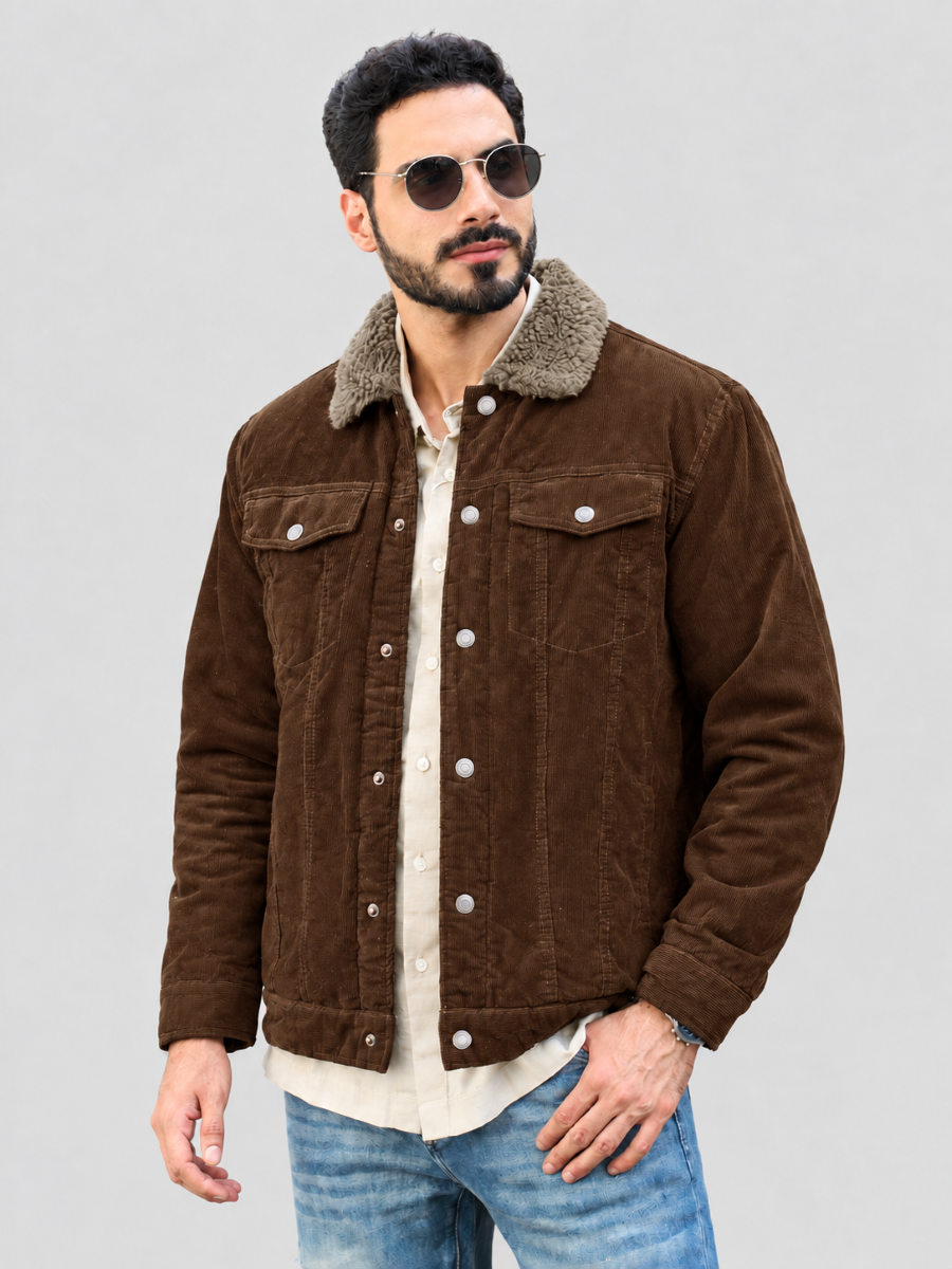 Men's Sherpa Lined Cargo Corduroy Fleece Jacket – Brown