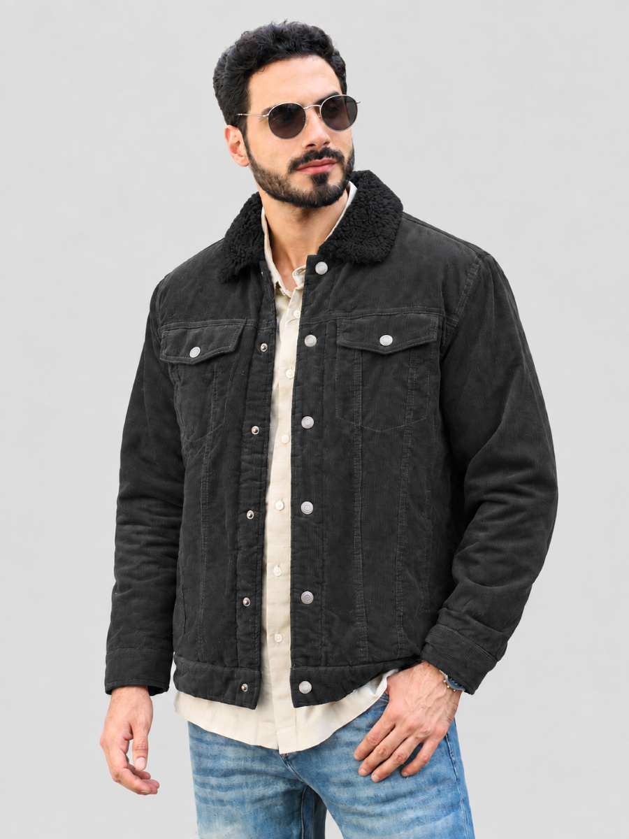 Men's Sherpa Lined Cargo Corduroy Fleece Jacket – Dark Gray