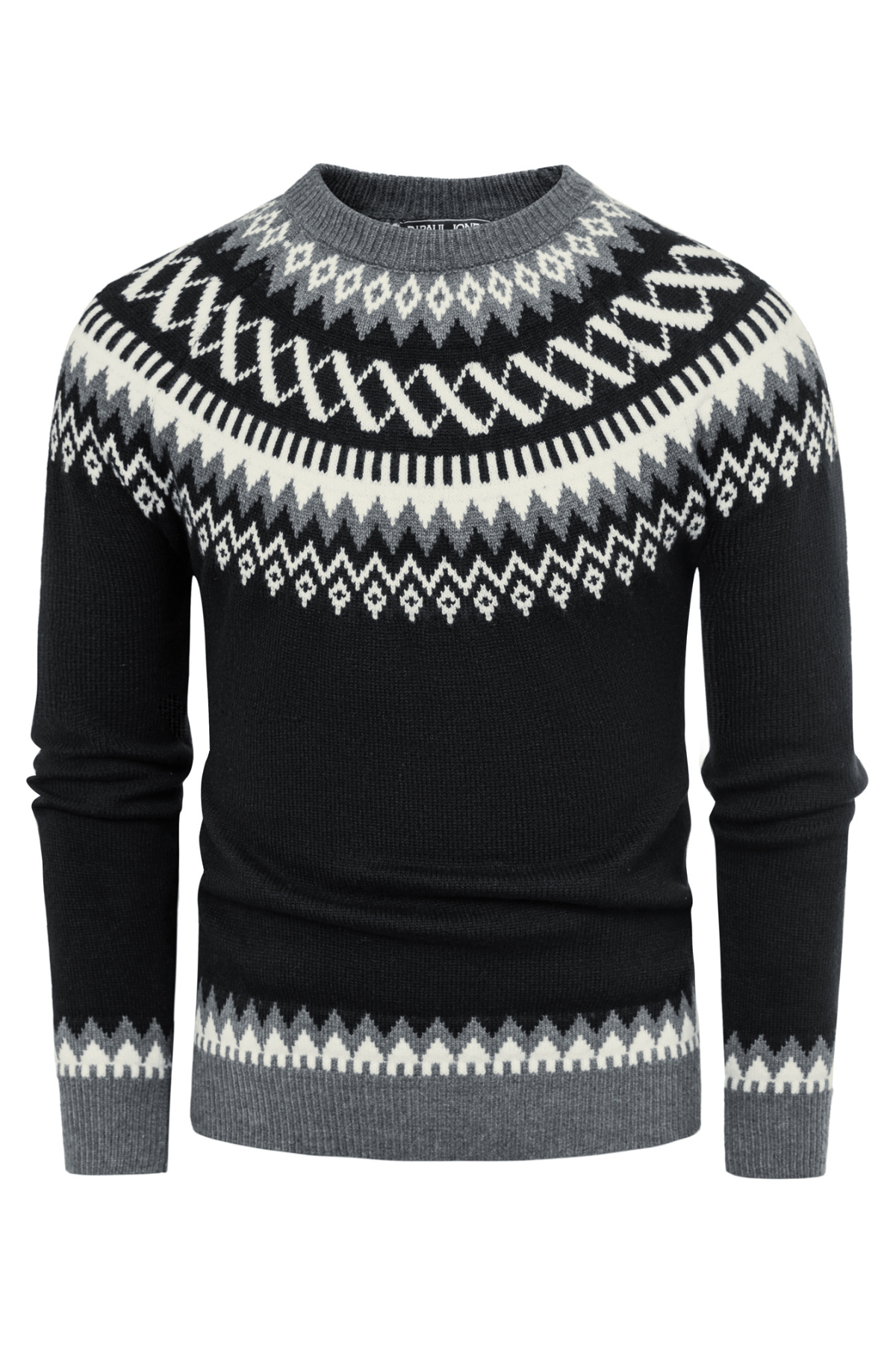 Men's Knit Crew Neck Fair Isle Vintage Sweater – Black