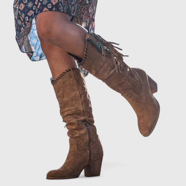Boots For Women | Mid Calf Block Heel With Fringe Detail
