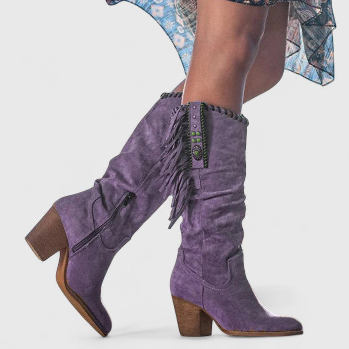 Boots For Women | Mid Calf Block Heel With Fringe Detail