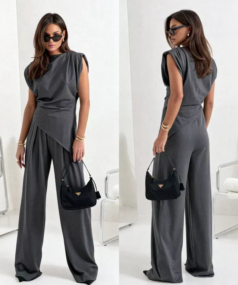 Women's Two-Piece Set | Draped Top and  Wide-leg Trousers