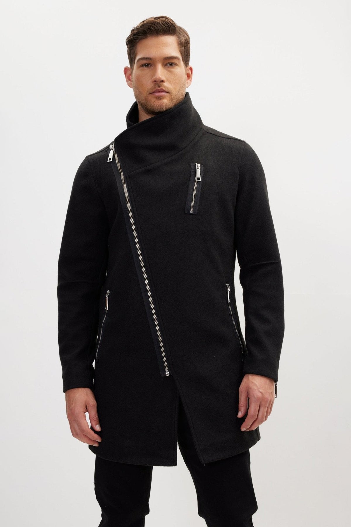 Men's Zip Asymmetric Overcoat Soft – Black