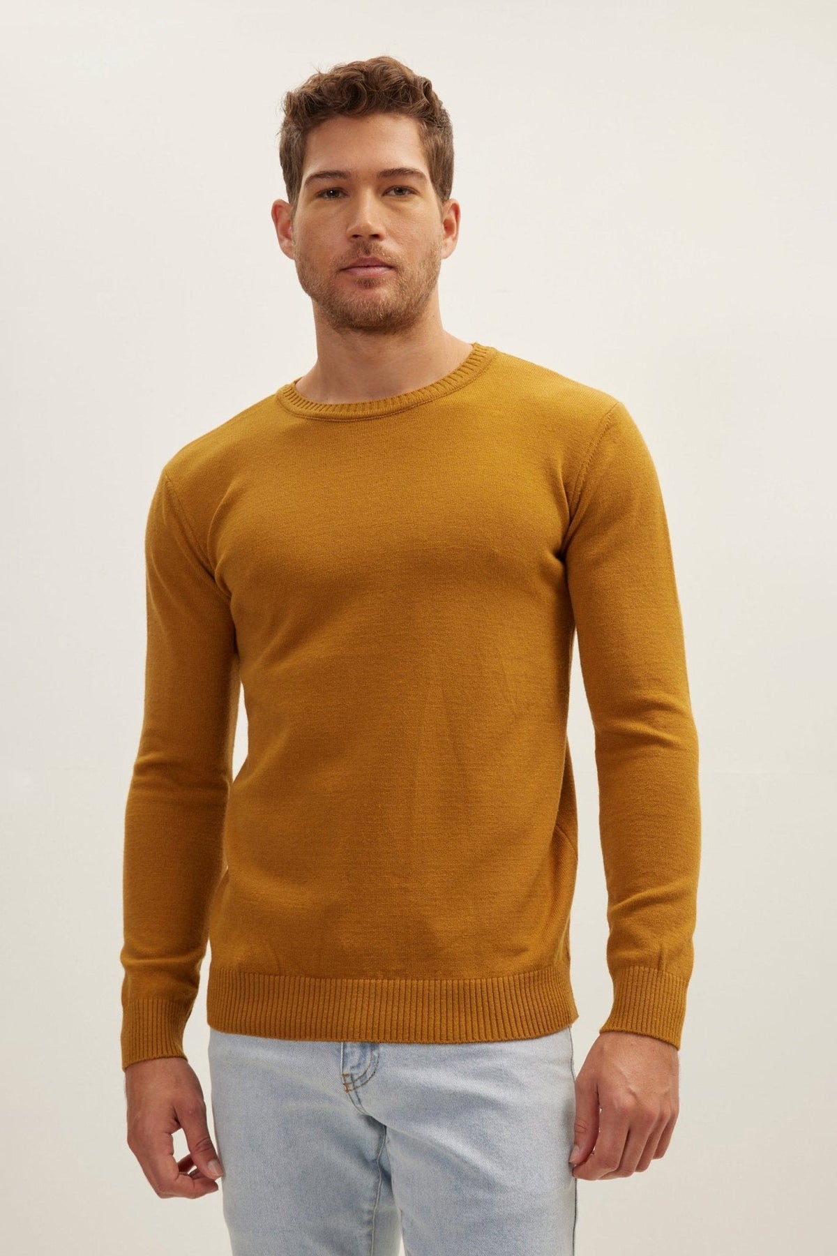 Men's Soft Drape Crew Neck Classic Sweater – Mustard