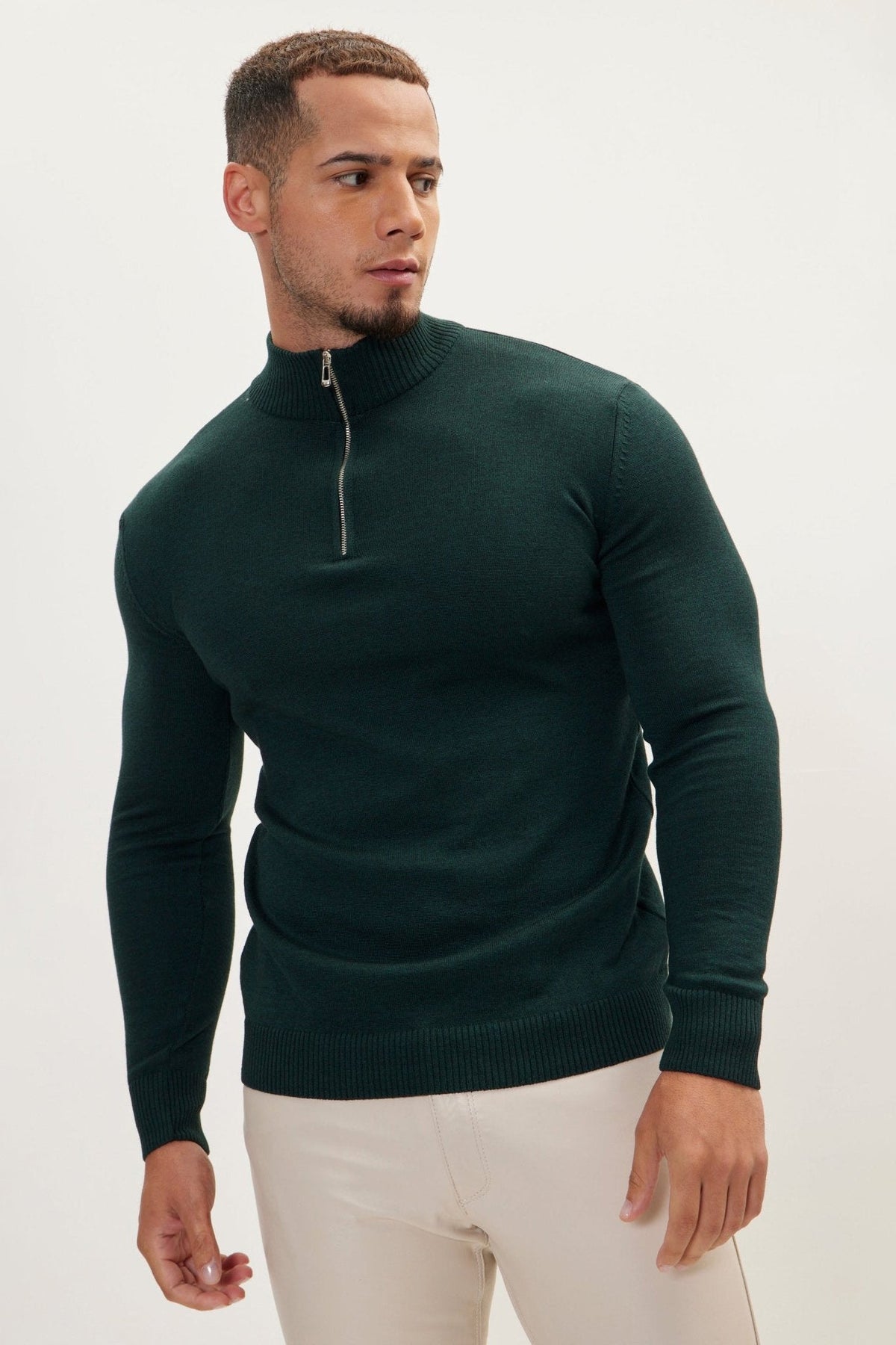 Men's Ribbed Knit Mock Neck Quarter-Zip Sweater – Dark Green