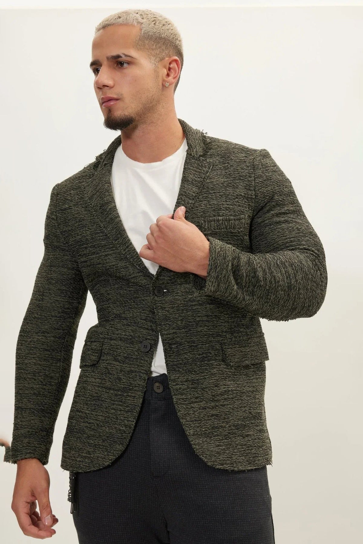 Men's Cotton Blend Fitted Cardigan Soft – Khaki Black
