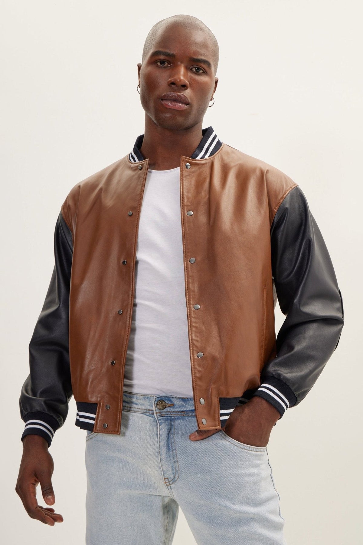 Men's Two-Tone Varsity Jacket – Brown Black