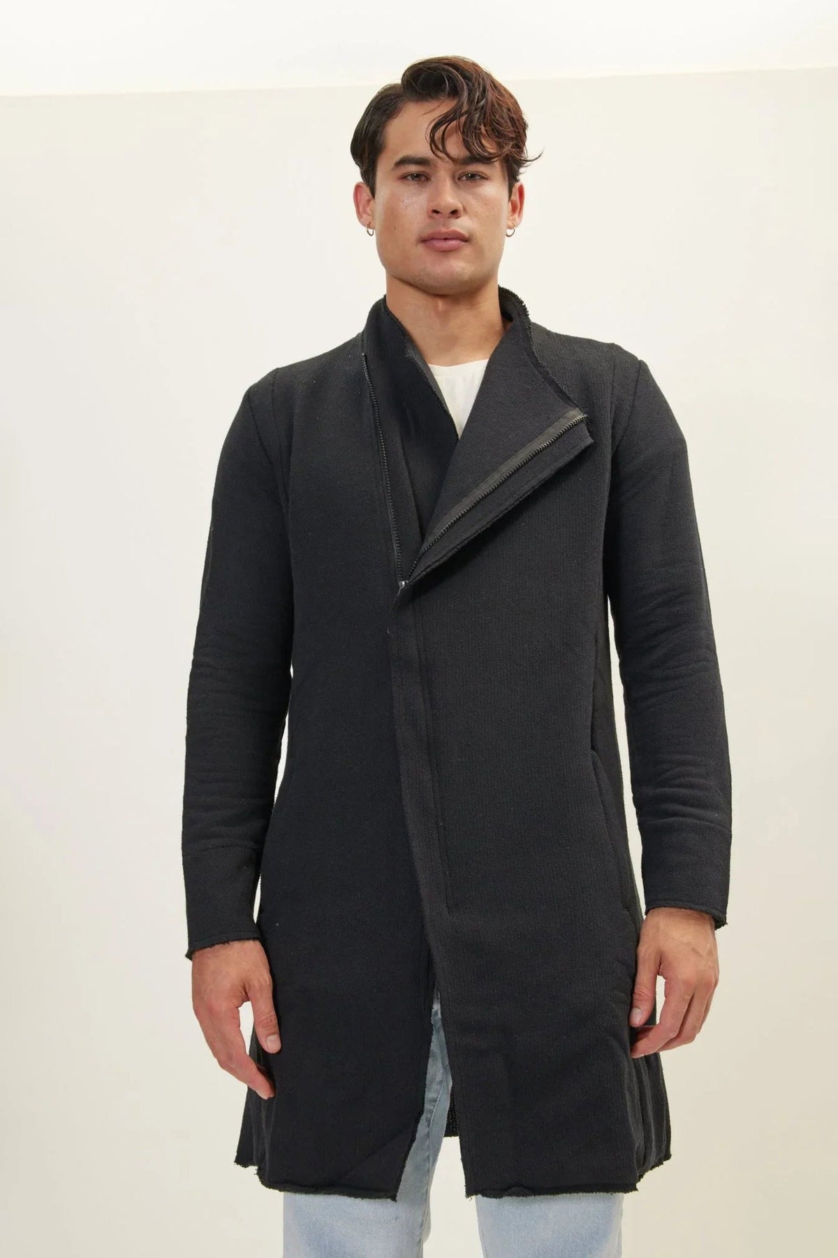 Men's Cotton Blend Asymmetric Zip Cardigan – Black Black