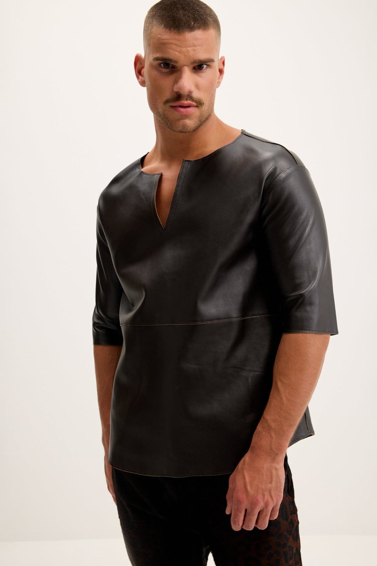 Men's Faux Leather V-Neck Shirt – Dark Brown