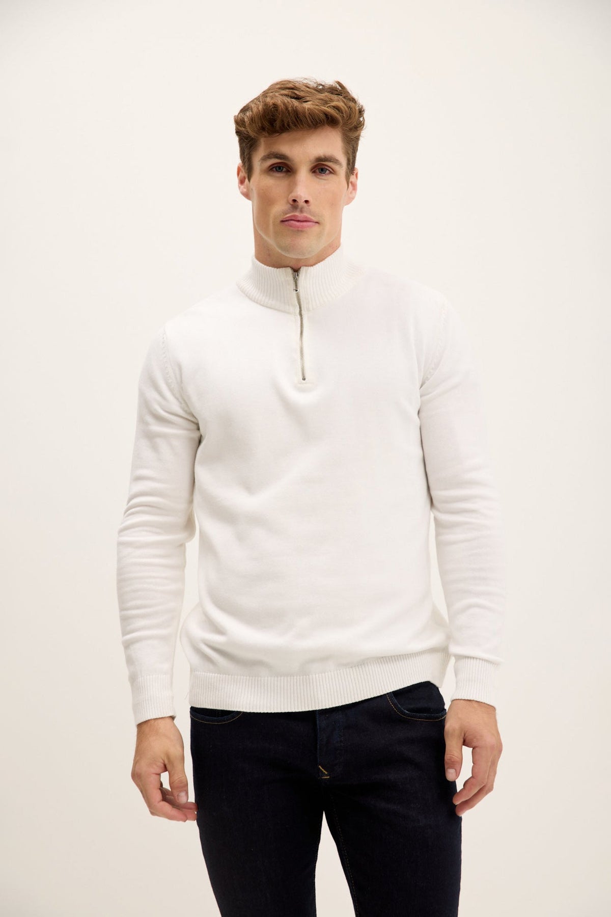 Men's Ribbed Knit Mock Neck Quarter-Zip Sweater – Off White