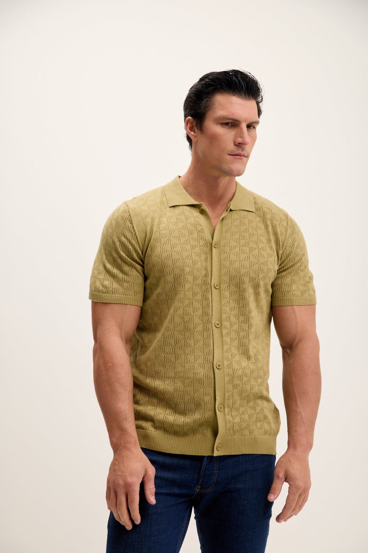 Men's Geometric Crochet Knit Polo Sweater – Light Green