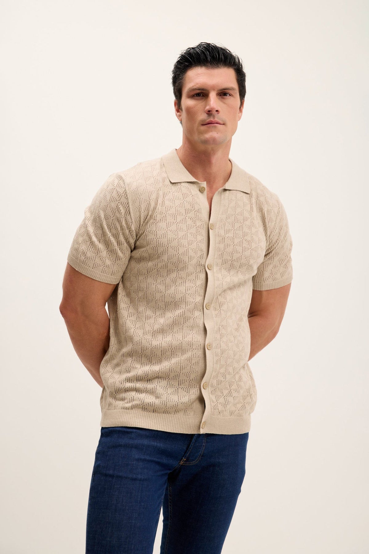 Men's Geometric Crochet Knit Polo Sweater – Stone