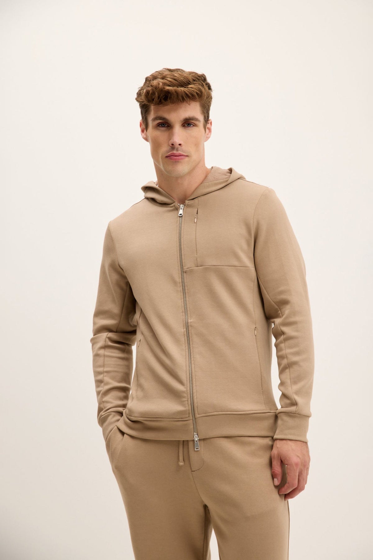 Men's Cotton Blend Hooded Zip Jacket – Beige