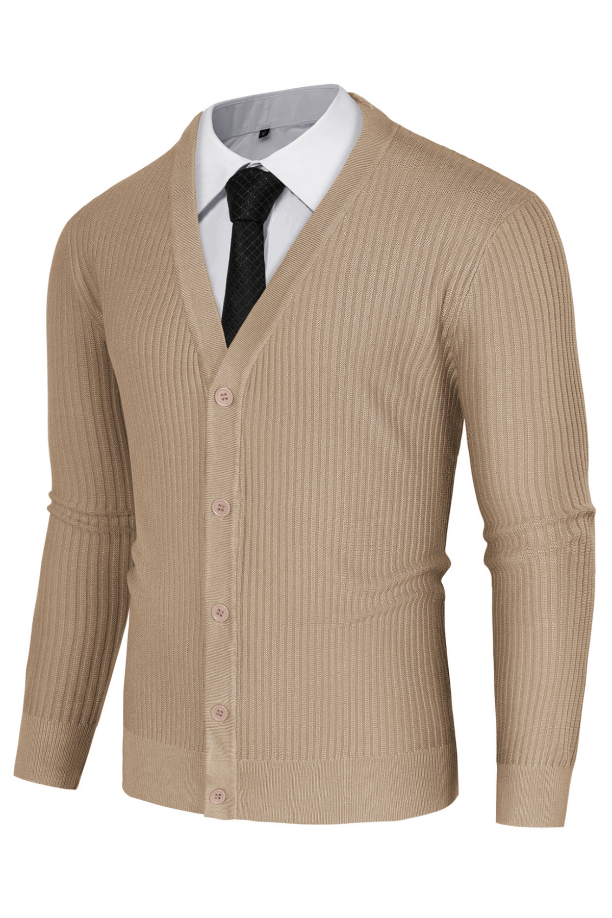 Men's Ribbed Knit Button-Up V-Neck Long Sleeve Cardigan – Khaki