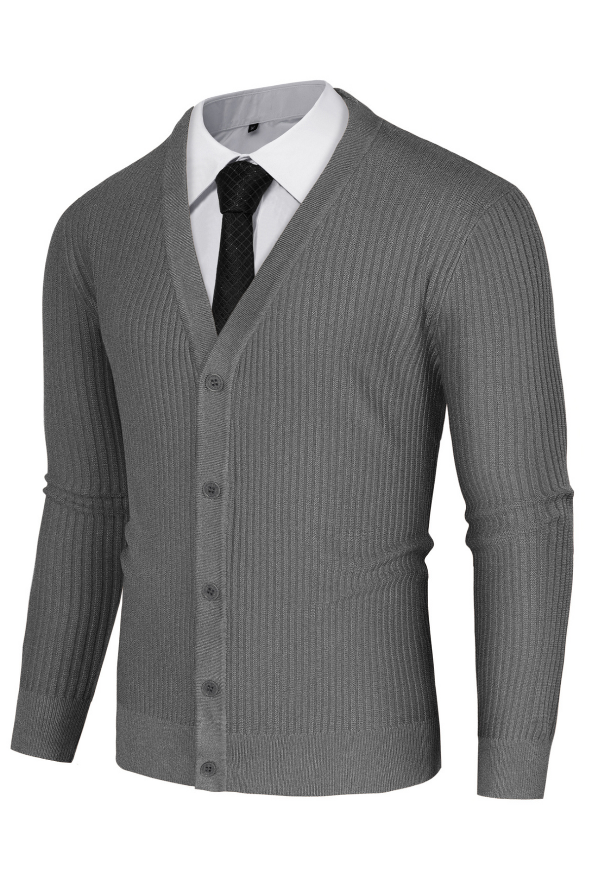 Men's Ribbed Knit Button-Up V-Neck Long Sleeve Cardigan – Dark Gray