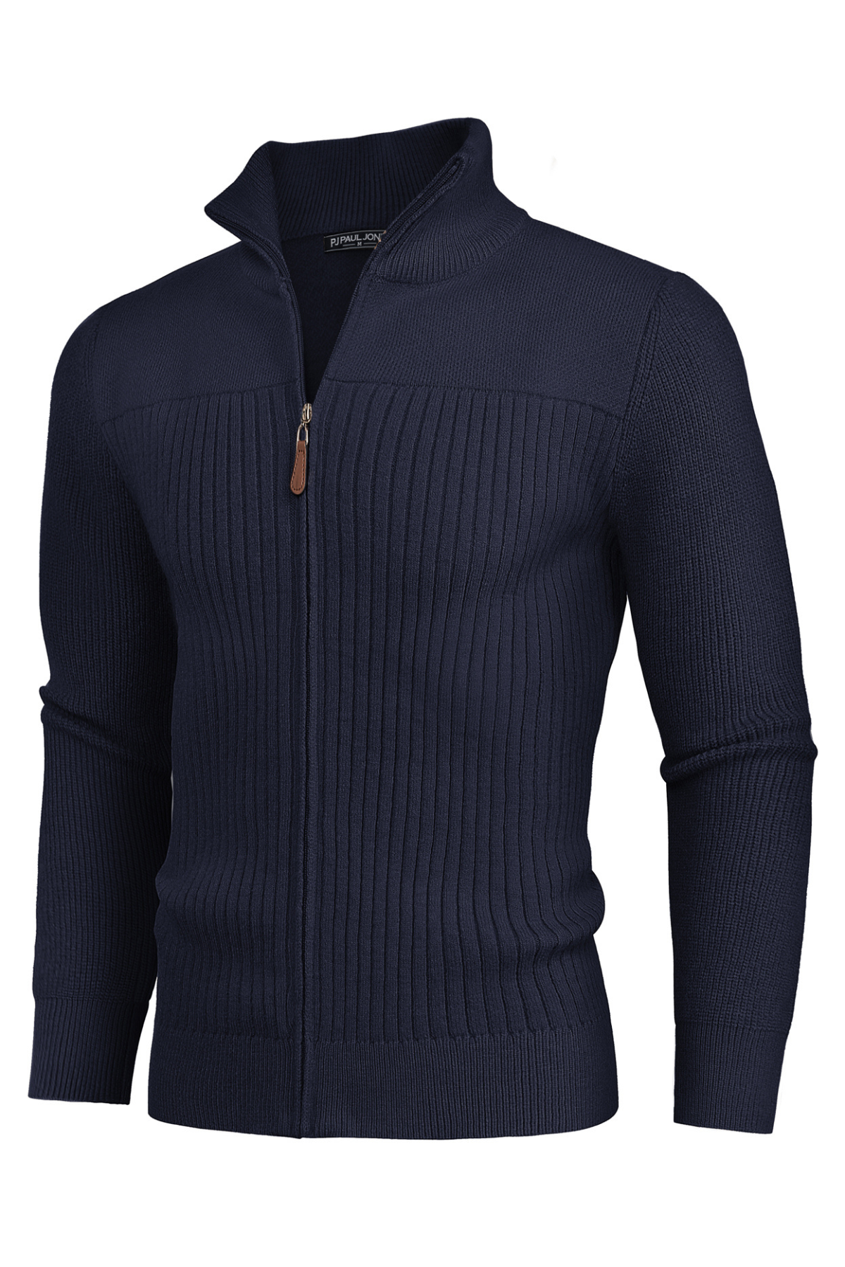 Men's Knit Zip-Up Stand Collar Long Sleeve Cardigan – Navy Blue