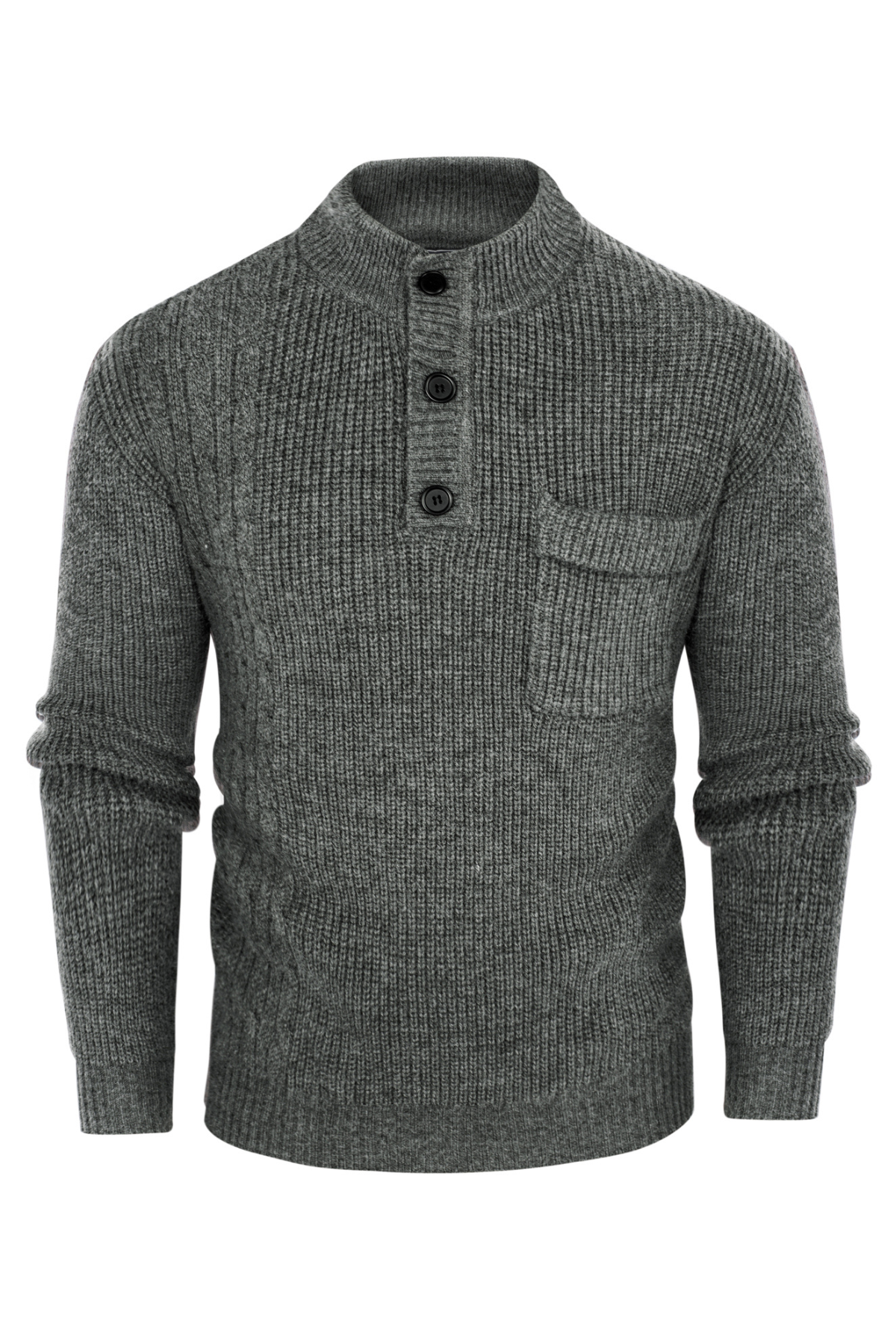 Men's Knit Stand Collar Pocketed Henley Sweater – Dark Gray