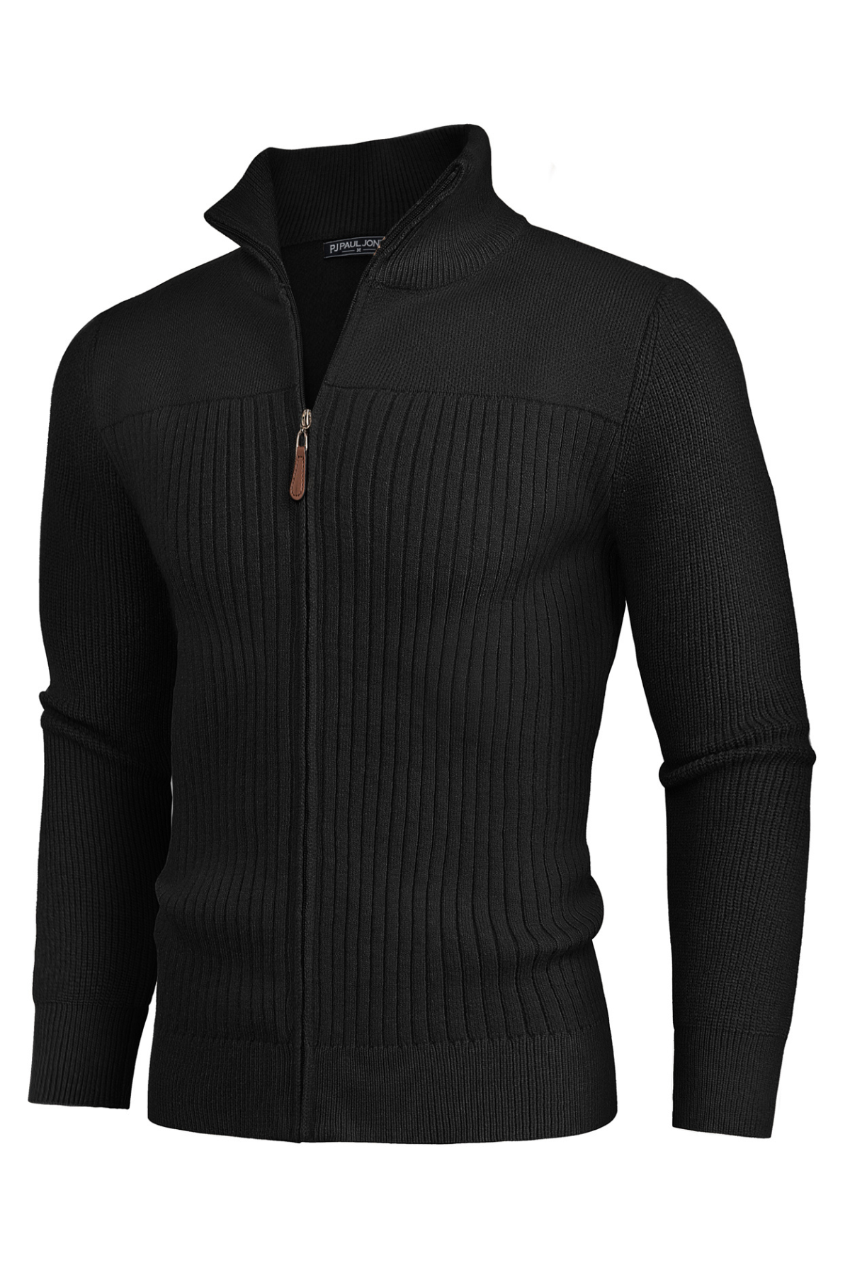 Men's Knit Zip-Up Stand Collar Long Sleeve Cardigan – Black