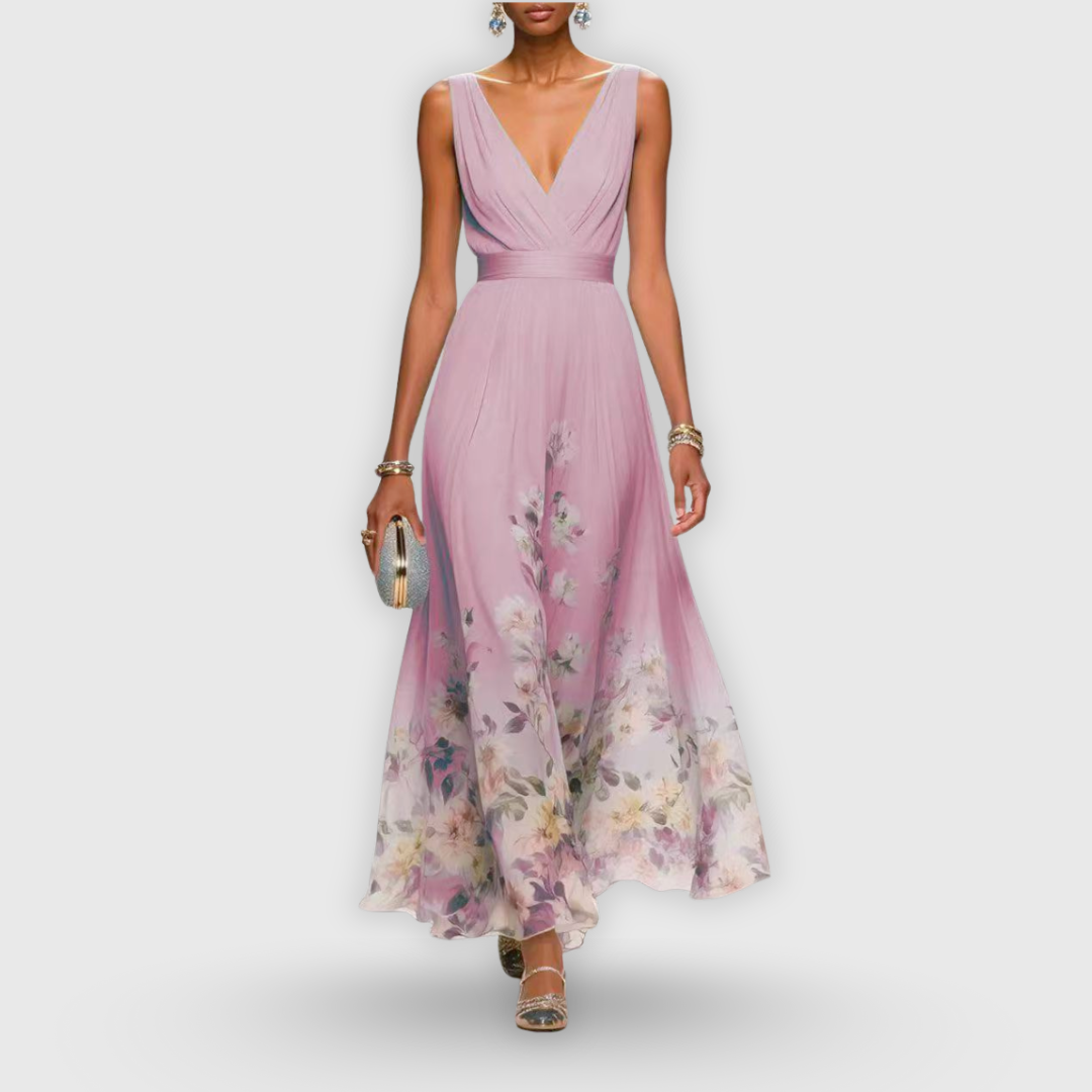 Genevieve | Women's Wedding Guest Maxi Dress | V-Neck Sleeveless Floral