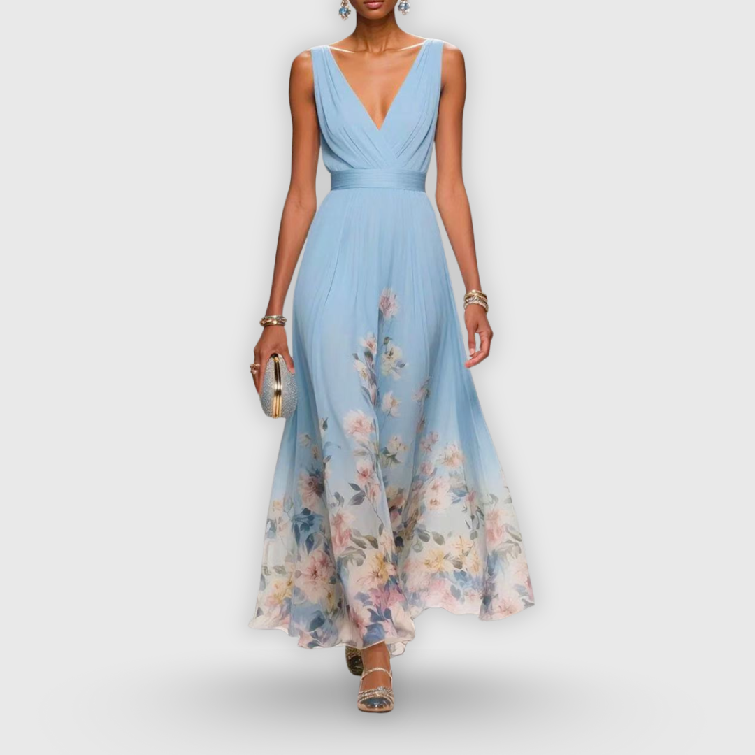 Genevieve | Women's Wedding Guest Maxi Dress | V-Neck Sleeveless Floral
