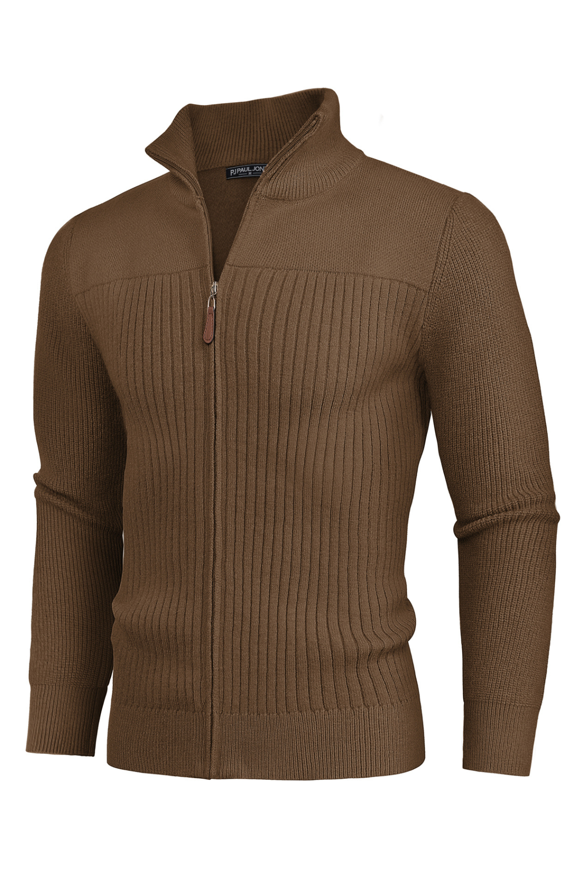 Men's Knit Zip-Up Stand Collar Long Sleeve Cardigan – Coffee