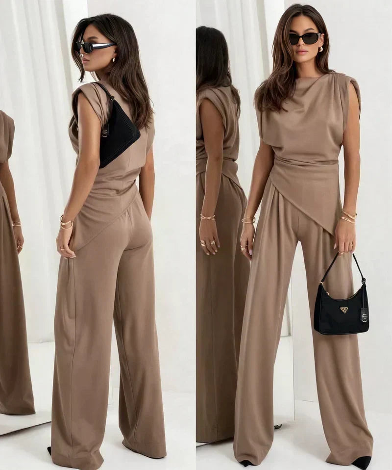 Women's Two-Piece Set | Draped Top and  Wide-leg Trousers
