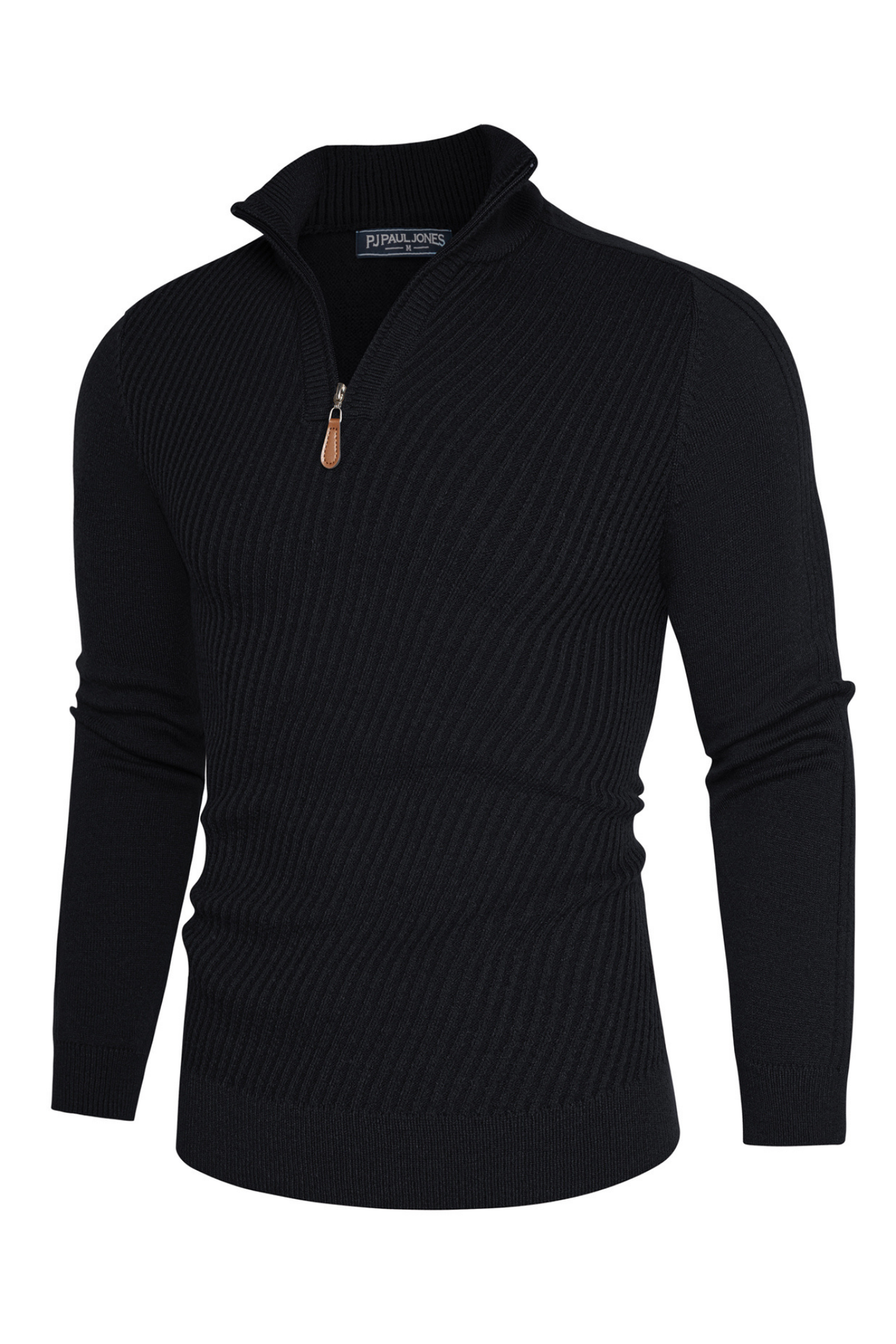 Men's Long Sleeve Ribbed Knit Zip-Up Sweater with Stand Collar