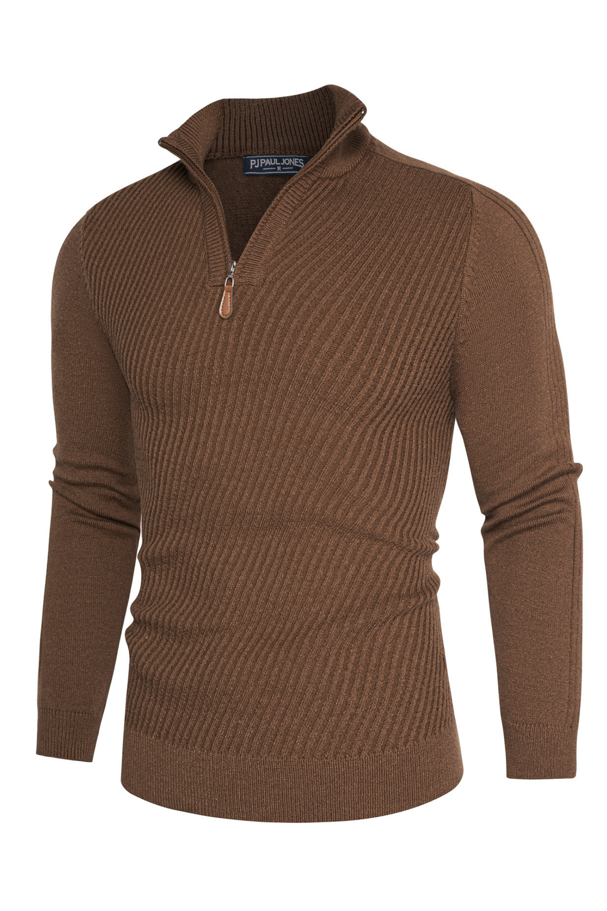 Men's Ribbed Knit Zip-Up Stand Collar Sweater – Coffee