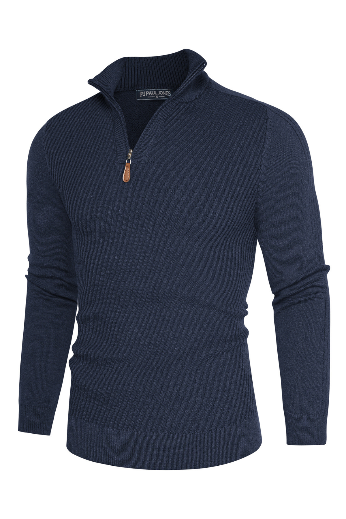 Men's Ribbed Knit Zip-Up Stand Collar Sweater – Navy Blue