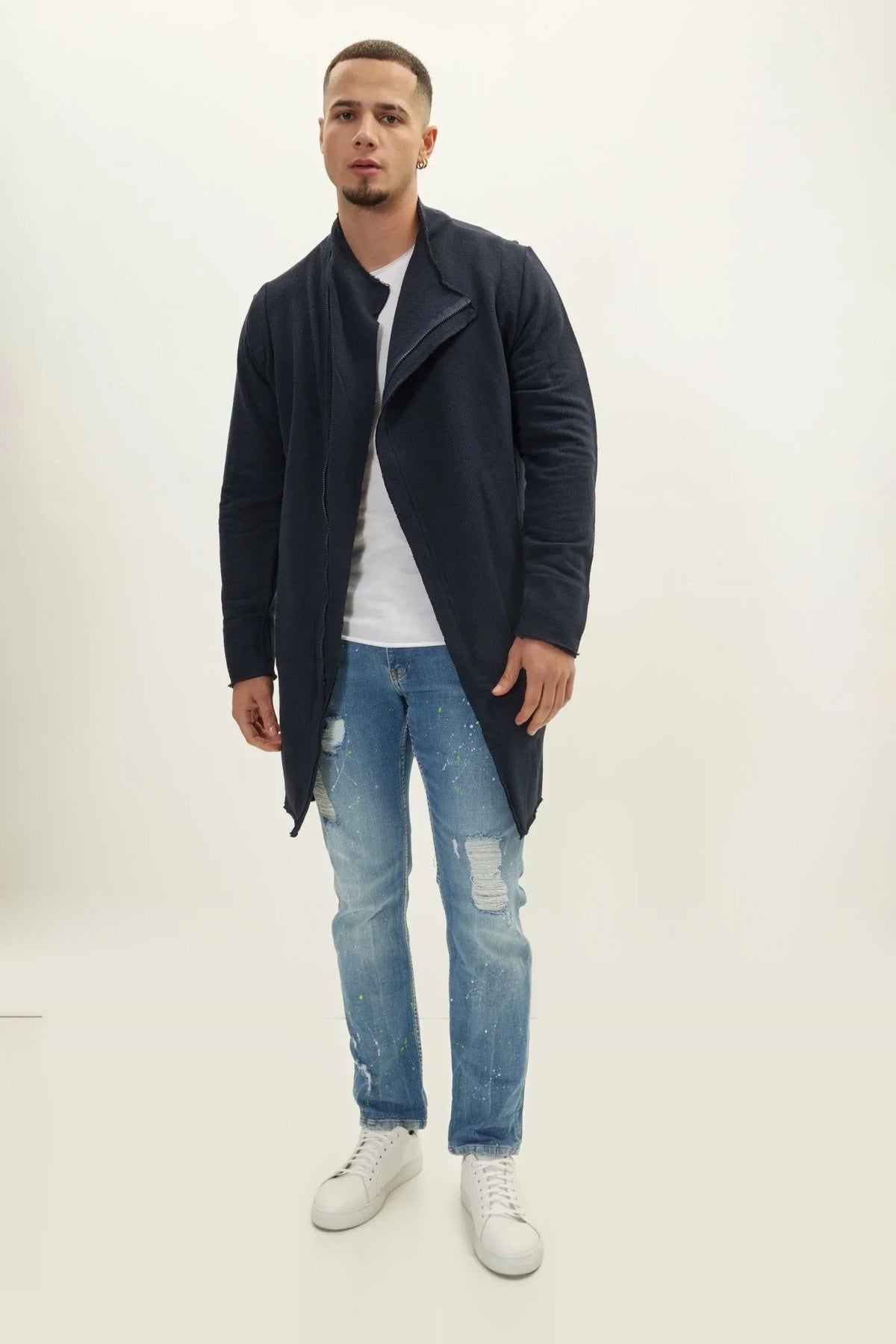 Men's Cotton Blend Asymmetric Zip Cardigan – Navy
