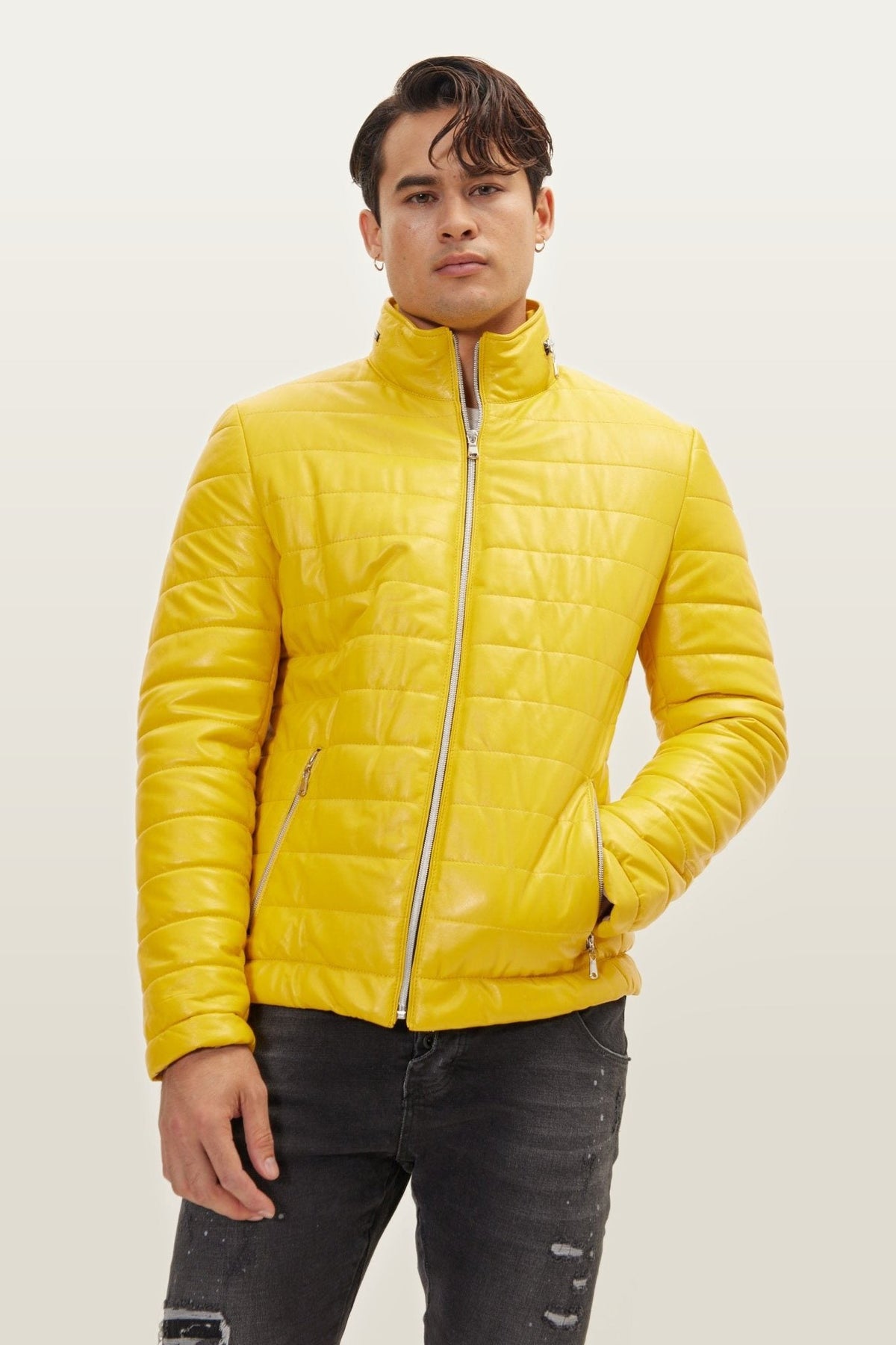 Men's Faux Leather Quilted Jacket – Yellow