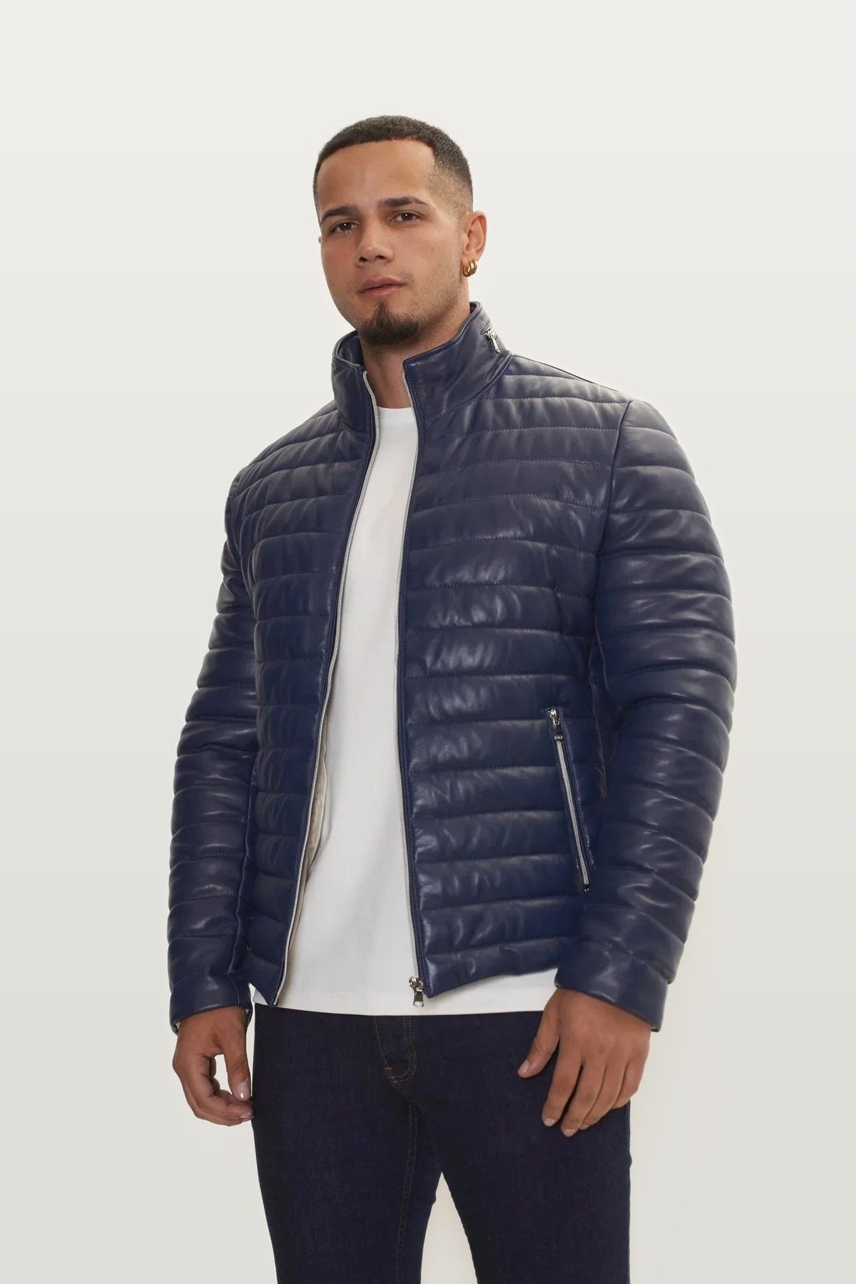 Men's Faux Leather Quilted Jacket – Navy